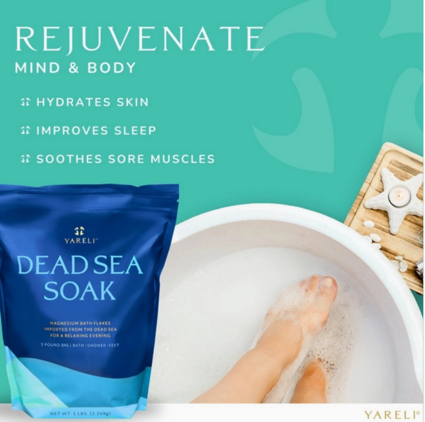 YARELI Unscented Dead Sea Magnesium Bath Soak –Gentle Muscle Relief